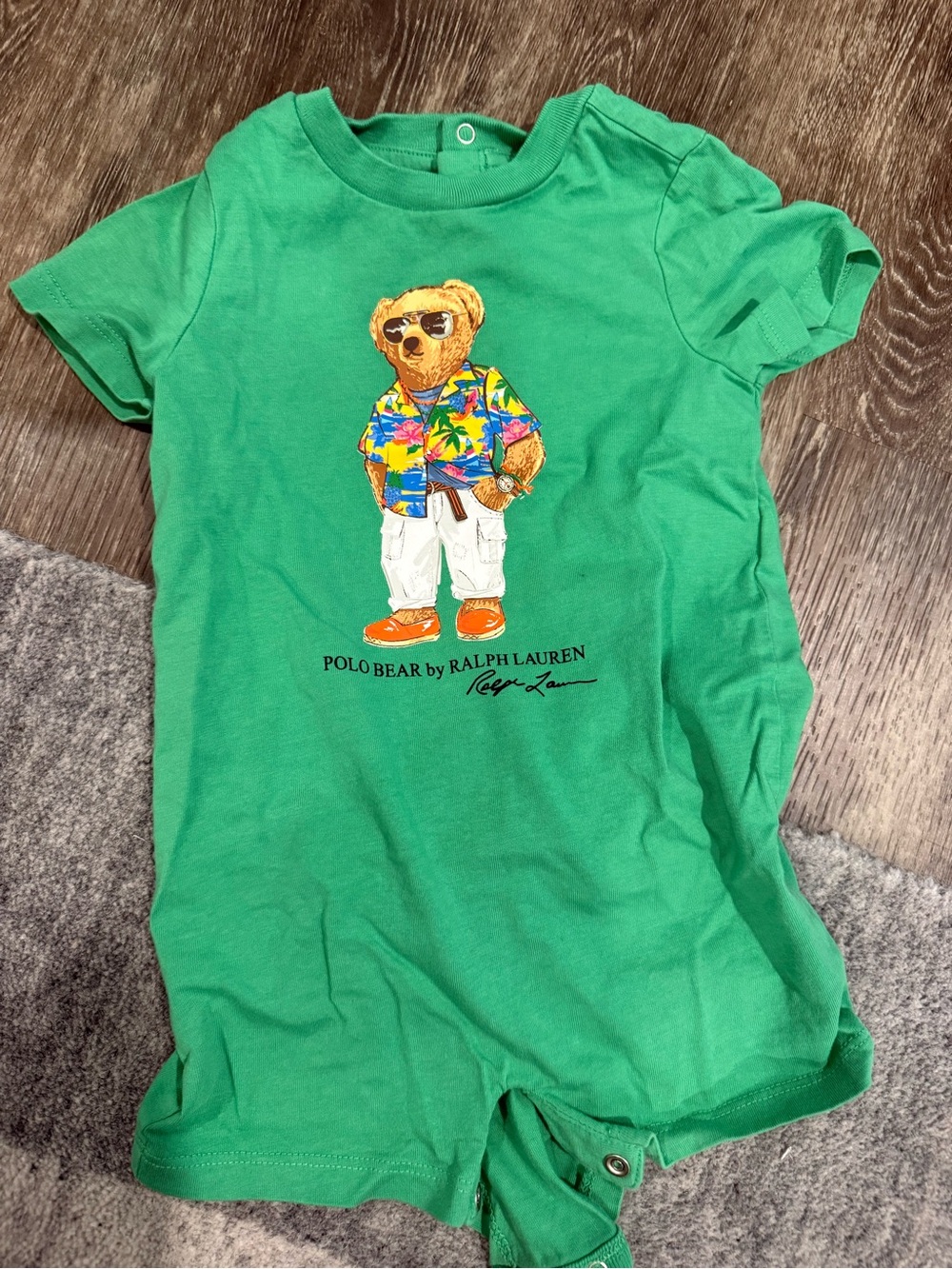 Ralph Lauren Green Polo Bear Graphic Short Sleeve Romper